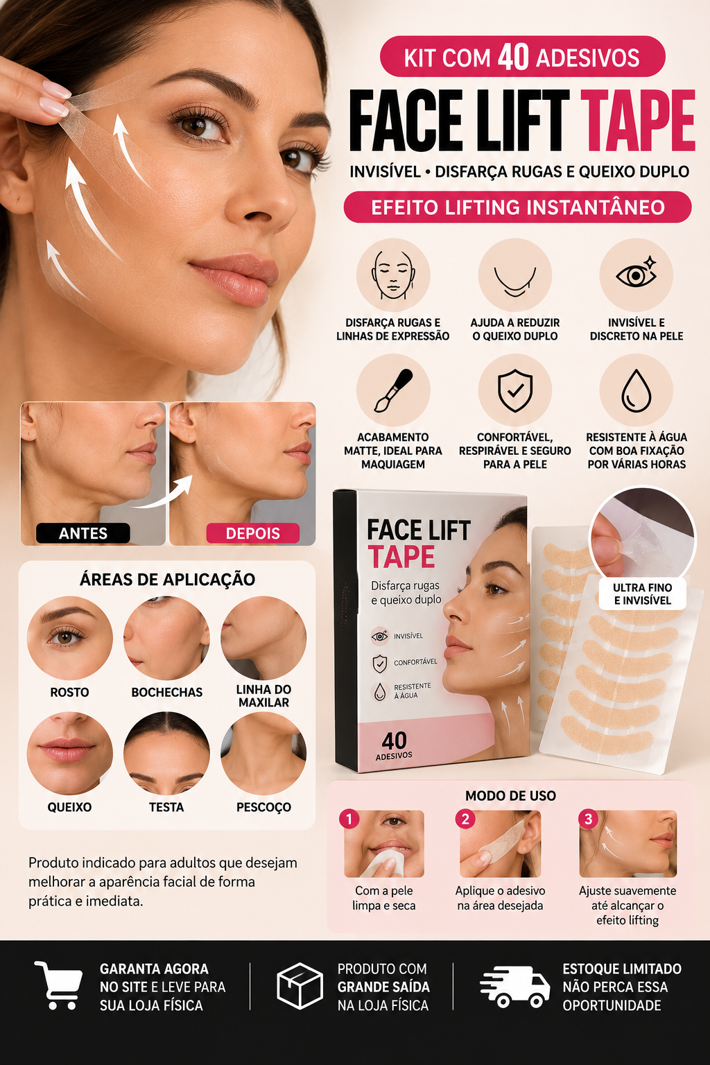 Face Lift Tape Invisível – Kit com 40 Adesivos